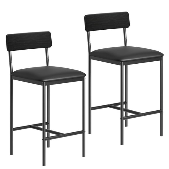 Bar Stools Set of 2, 25.5 Inches Upholstered Bar Chairs with Back, Kitchen Height Barstools for Island, 2 Counter Bar, Easy Assembly, Black