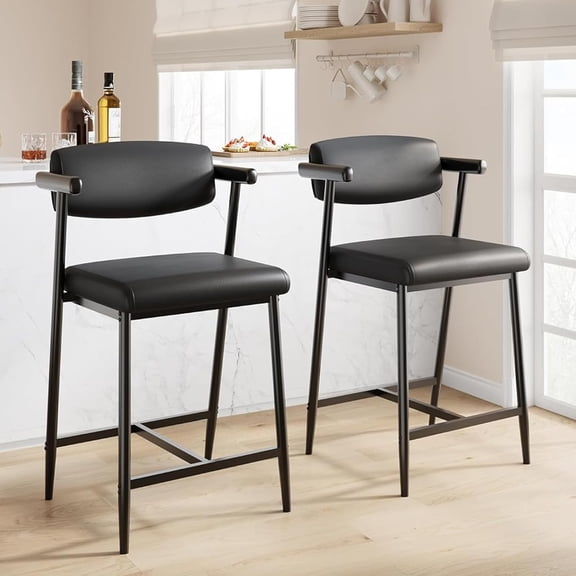 Bar Stools Set of 2, 26.5" Upholstered Counter Height with Armrest, Wider Thickened Cushion, Retro Black for Dining Room & Kitchen