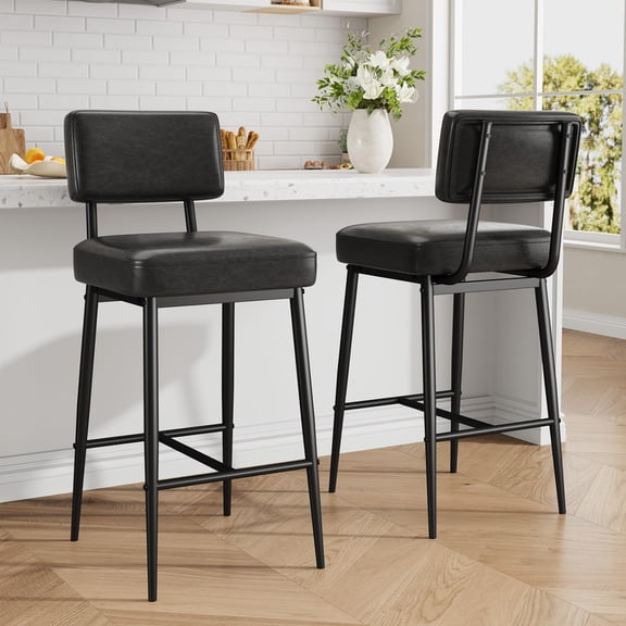 Bar Stools Set of 2, 26" Faux Leather Counter Height Barstools with Back and Metal Legs, Modern Bar Chairs Island Stools for Kitchen Counter, Black