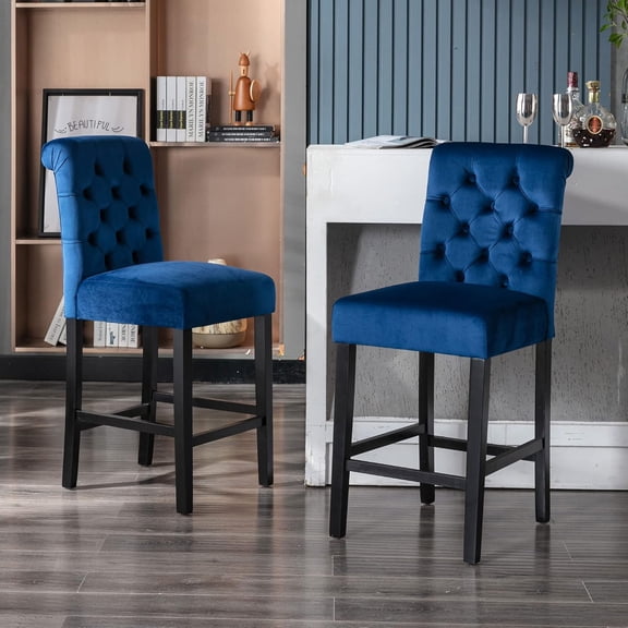 Bar Stools Set of 2, 26 inch Velvet Counter Height Barstools Modern Upholstered Kitchen Island Wood Bar Chairs for Home Pub/Bistro/Coffee House, Blue