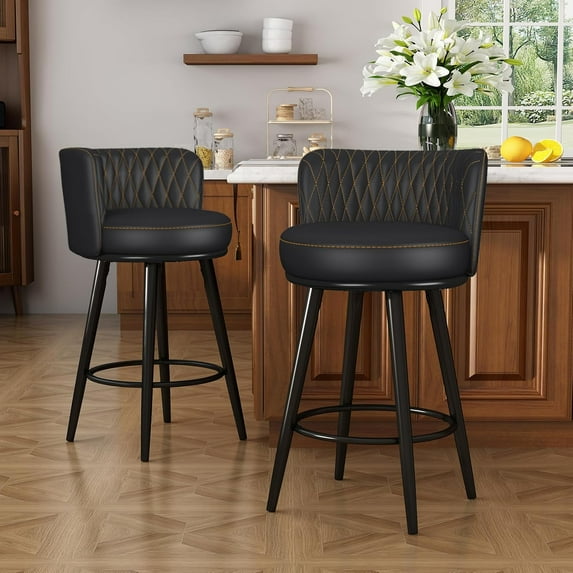 Bar Stools Set of 2, 27 Inch Barstools with Sturdy Legs, Leather Farmhouse Counter Height Bar Stool for Kitchen, Dining, Bar (Swivel, Black, Leather)