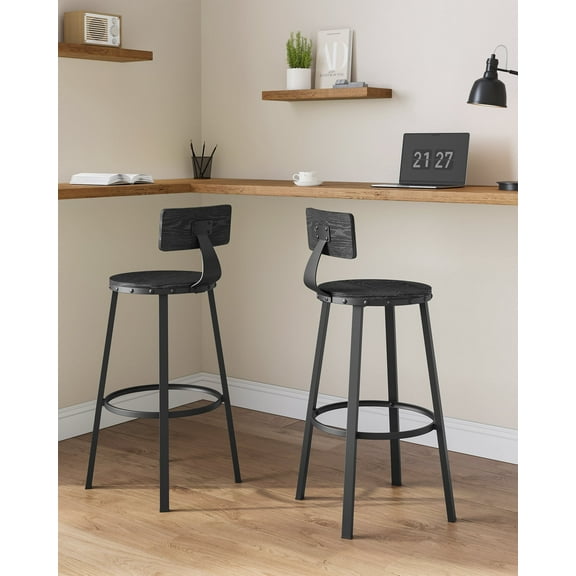 Bar Stools Set of 2, 28.7 Inch Counter Height Stools with Backrest, Steel Frame Bar Chairs for Kitchen & Dining, Easy Assembly, Black