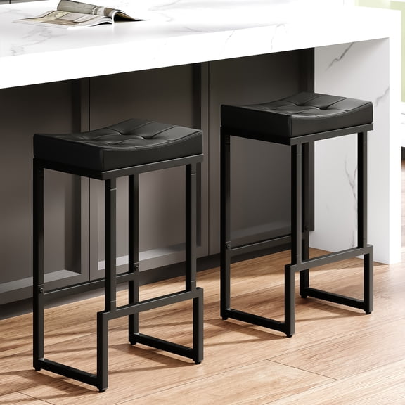 FIRAVOE Bar Stools Set of 2, 28" Counter Height Bar Stools (Backless) Faux Leather Saddle Counter Stools for Kitchen Island, Black