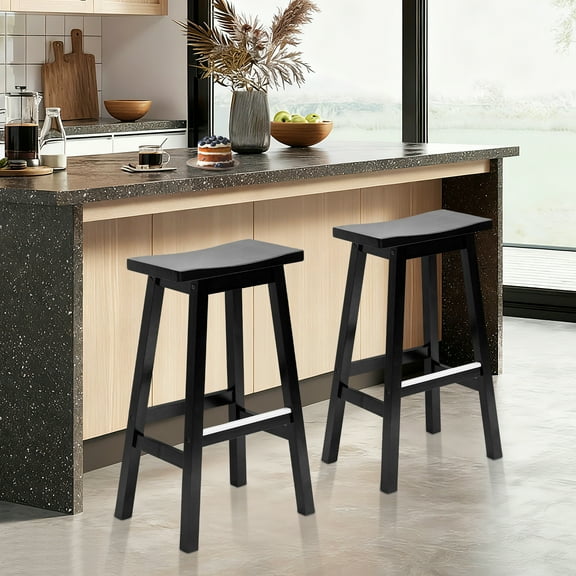 Bar Stools Set of 2, 30 Inch Counter Height Bar Stools with Footrest, Solid Wooden Frame Bar Stools for Kitchen Counter, Black