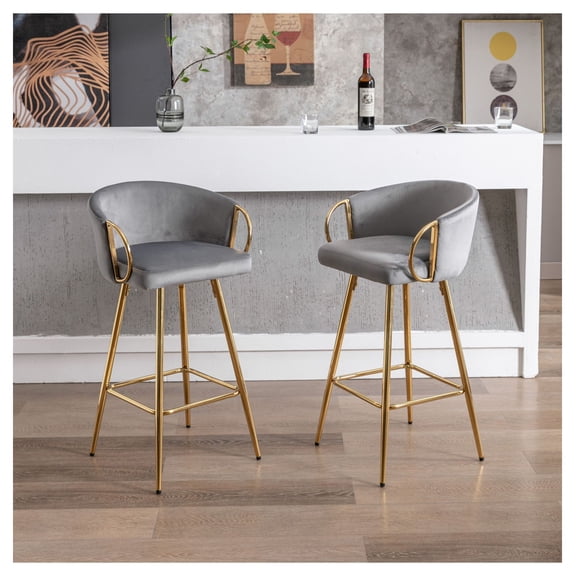 Bar Stools Set of 2, 30 Inch Golden Leg Counter Stools - Modern Velvet Bar Chairs with Footrest for Kitchen Island, Dining Room, GRAY