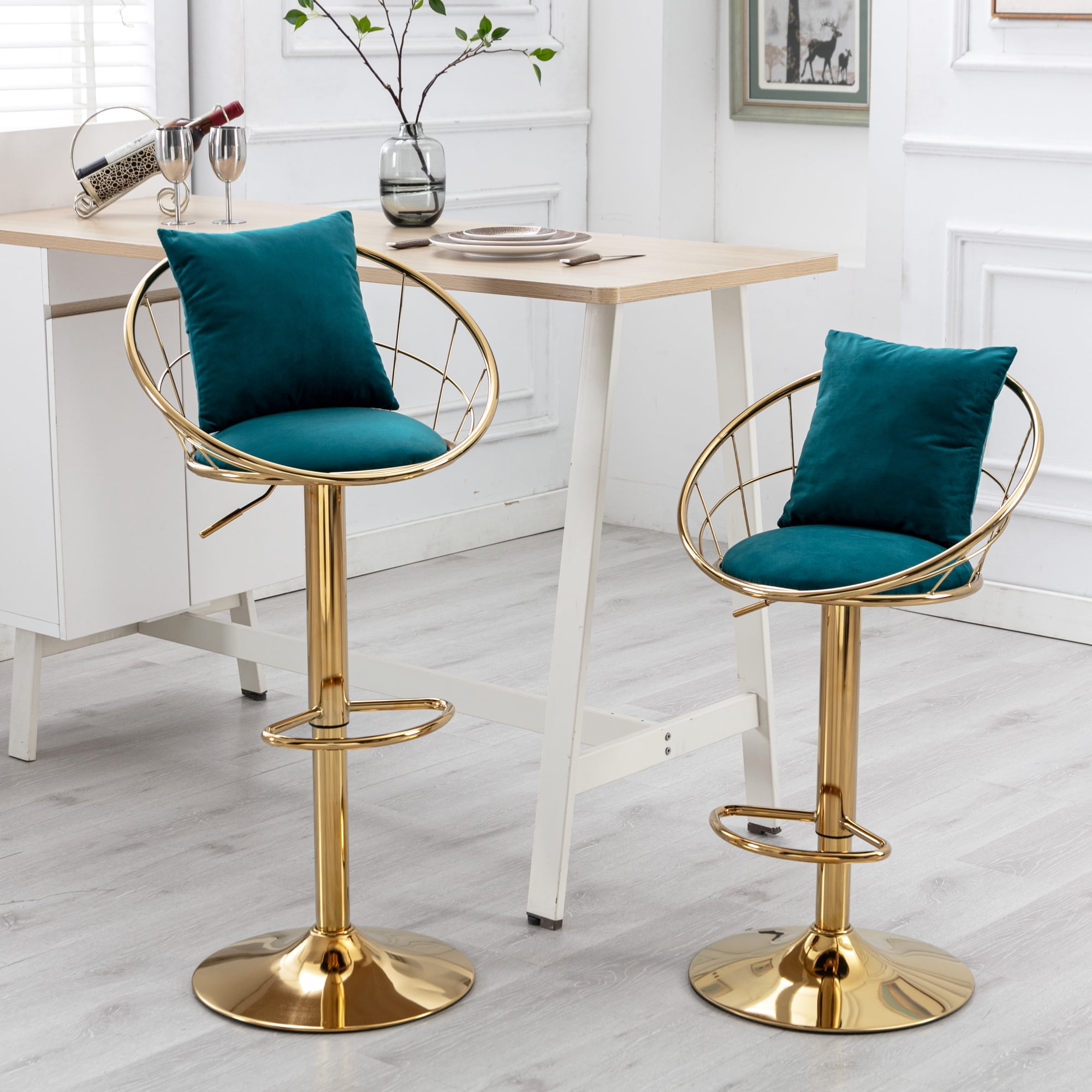Bar Stools Set of 2 360 Swivel Barstools with Low Back Footrest Adjustable Gold Counter Height bar Stools Peacock blue Walmart