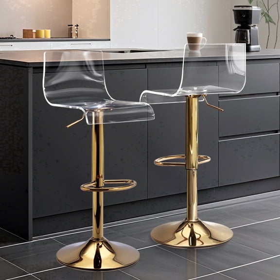 Golden Acrylic Adjustable Swivel Bar Stools, Set of 2 Mid-Back Modern Clear Chairs for Kitchen & Dining Room