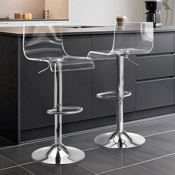 LessMore Bar Stools Set of 2, Clear Acrylic Adjustable Height Swivel Bar Counter Stools  with Mid Back & Footrest, silver