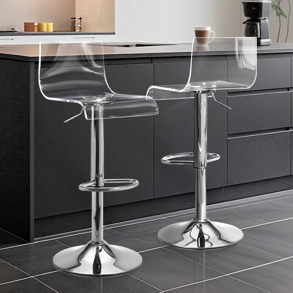 LessMore Bar Stools Set of 2, Clear Acrylic Adjustable Height Swivel Bar Counter Stools  with Mid Back & Footrest, silver