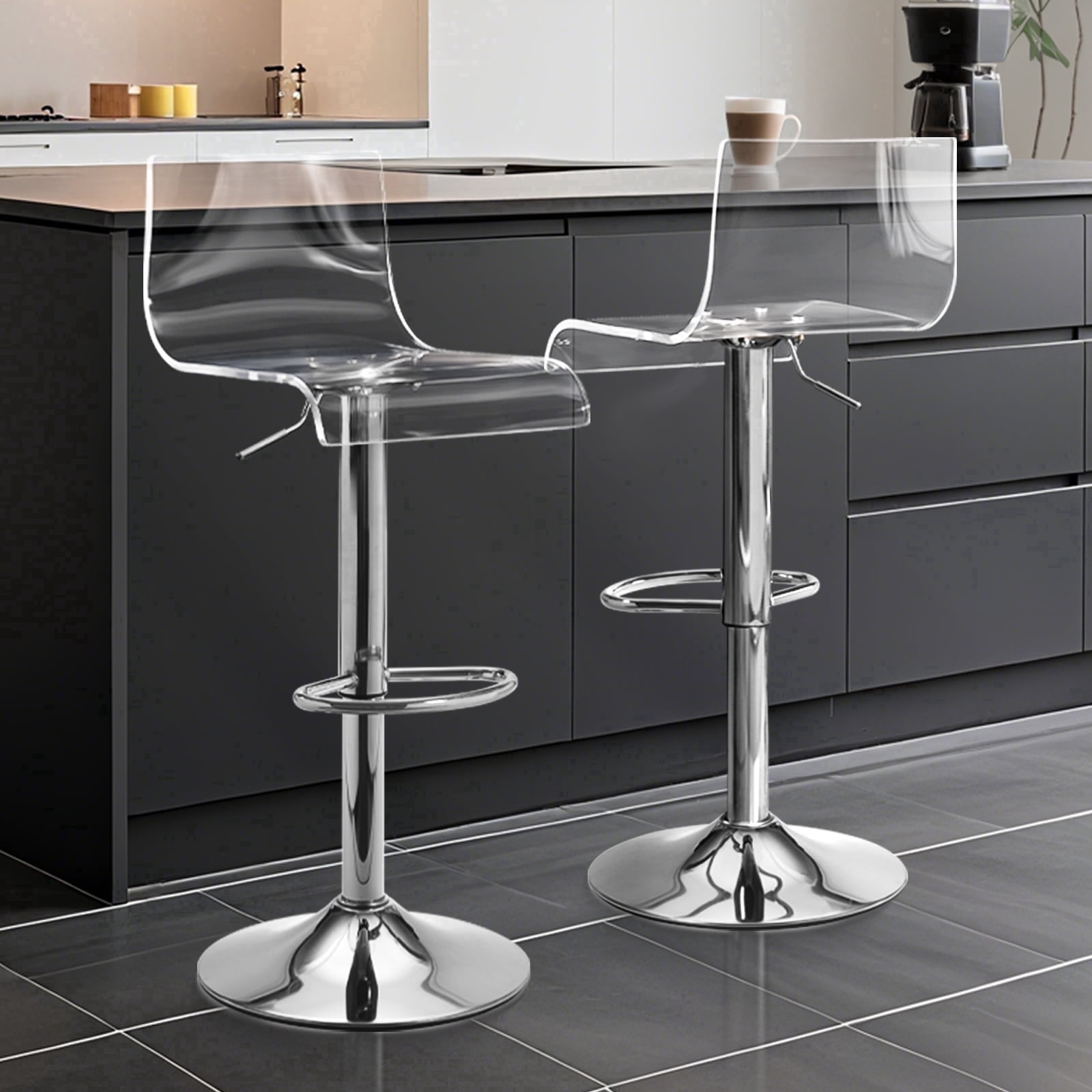 LessMore Bar Stools Set of 2, Acrylic Bar Stools with Mid Back, Transparent Adjustable Swivel Bar Stools