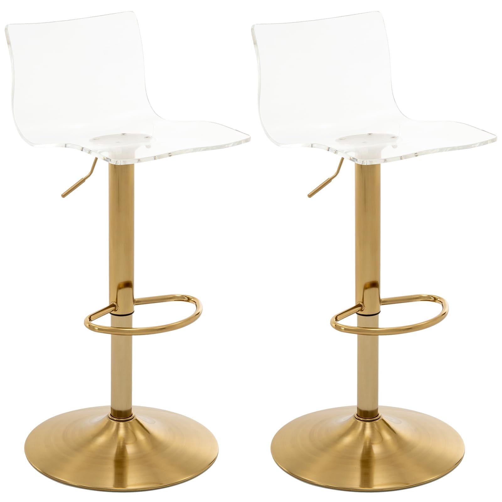 Bar Stools Set of 2, Adjustable Acrylic Swivel Airlift Barstools, Modern Counter Stools with Back and Footrest for Bar, Kitchen, Dining Room (Gold)