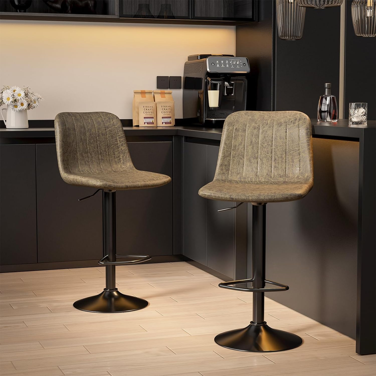Bar Stools Set of 2, Adjustable Barstools with Backrest, PU Leather