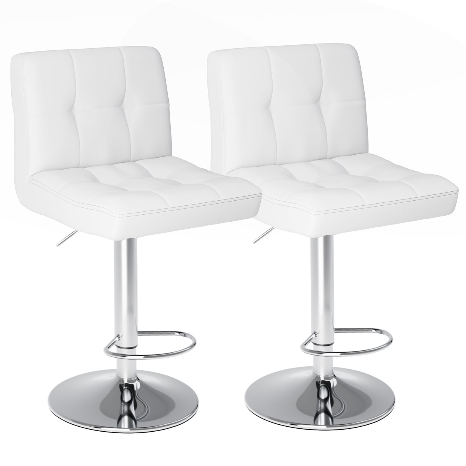 Bar Stools Set of 2, Adjustable PU Leather Barstools with Back, Swivel Armless Counter Height Chairs for Kitchen Island & Dining Room, White