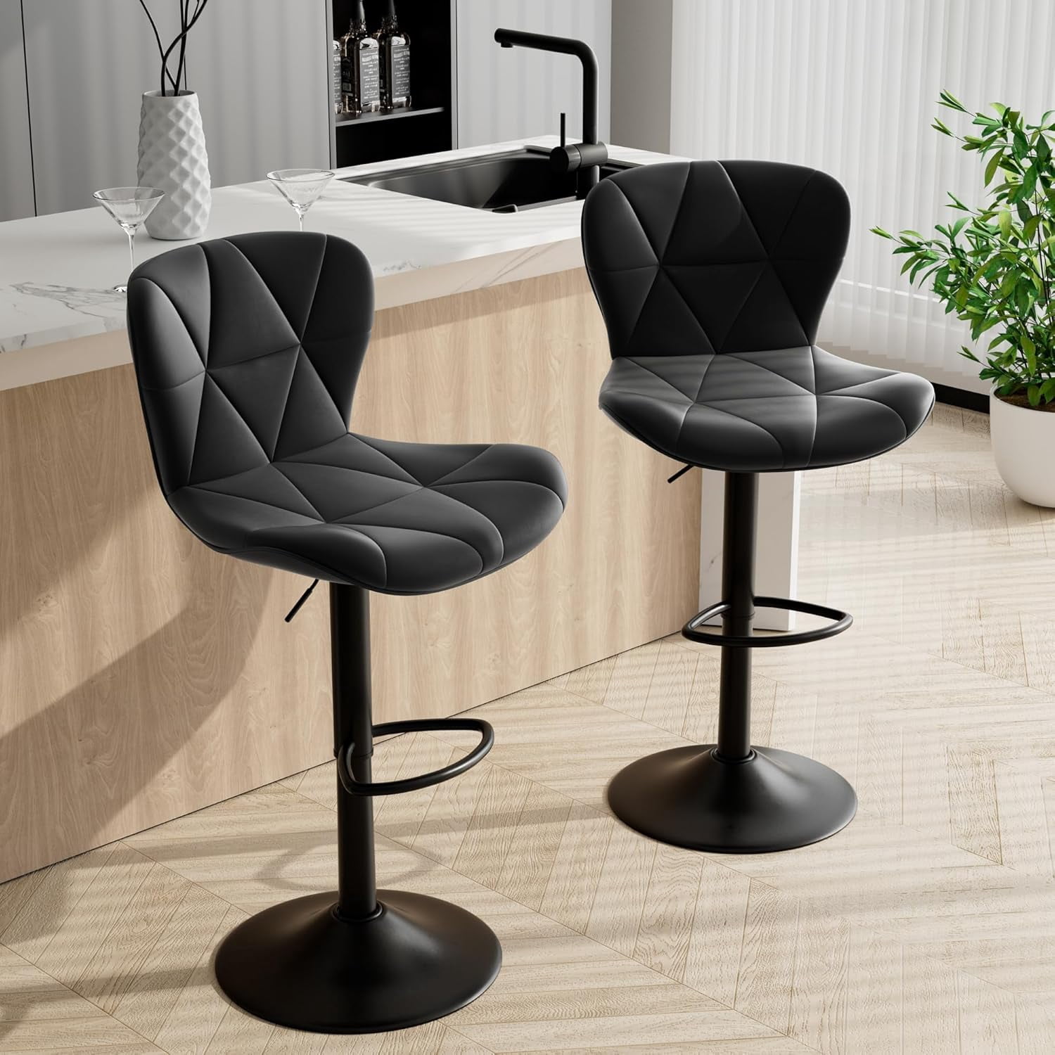 Larksperal Set Of 8 Bar Stools – 32" Tall, High Back Swivel, Black Faux Leather Seat, Solid Wood Footrest, For Kitchen Island & Pub - View #2
