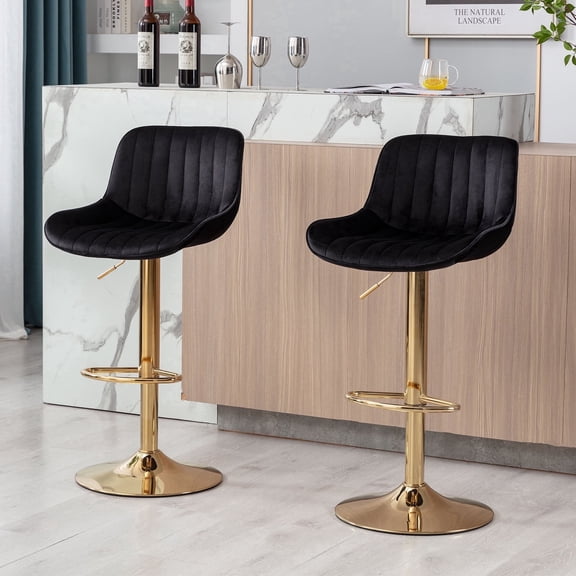 Bar Stools Set of 2, 32–41 Inch Adjustable Swivel Velvet Counter Stools with Footrest, Bar Chairs for Kitchen Island & Dining Room(black)