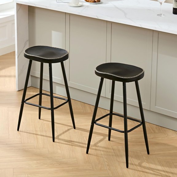 Bar Stools Set of 2, Backless Saddle Stools Leather Bar Height Stools, 28 inch Modern Black Barstools for Kitchen Island