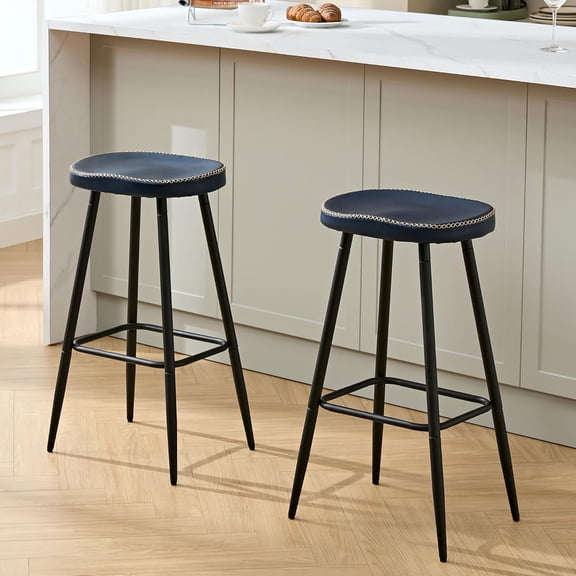 Bar Stools Set of 2, Backless Saddle Stools Leather Bar Height Stools, 28 inch Modern Blue Barstools for Kitchen Island