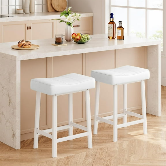 Bar Stools, Set of 2 Bar Chairs with PU Upholstered Saddle Seats, Kitchen Stools, 24" Modern Backless Counter Height Stool for Kitchen Island Bar