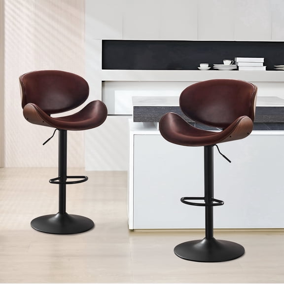 ATOMSPACE Swivel Bar Stools Set of 2 for Kitchen Counter, Adjustable Barstools PU Leather Upholstered with Curved Back, Brown