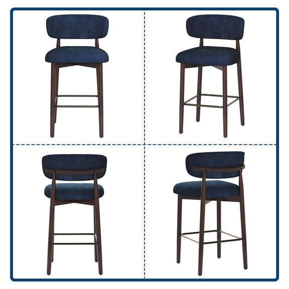 Bar Stools Set of 2 Counter Height - 26 Inch Upholstered Linen Kitchen Chairs with Wood Legs