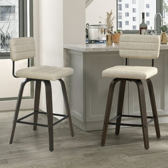 Bar Stools Set of 2-Counter Height Bar Stools Swivel Bar Stools with Backs Wood Barstools for Kitchen Counter, 26” Beige