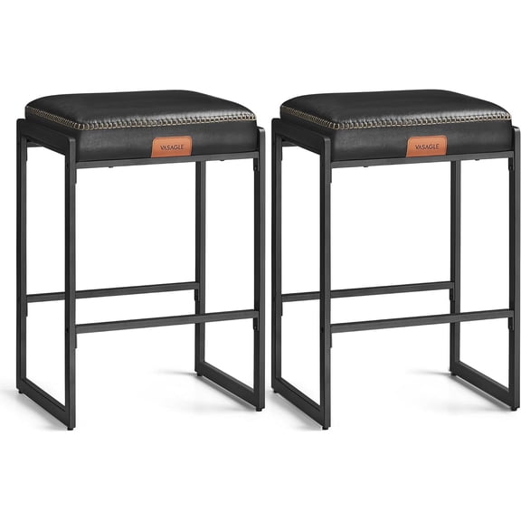 Bar Stools Set of 2, Counter Height Bar Stools, Synthetic Leather with Stitching, 26-Inch Tall, Ink Black