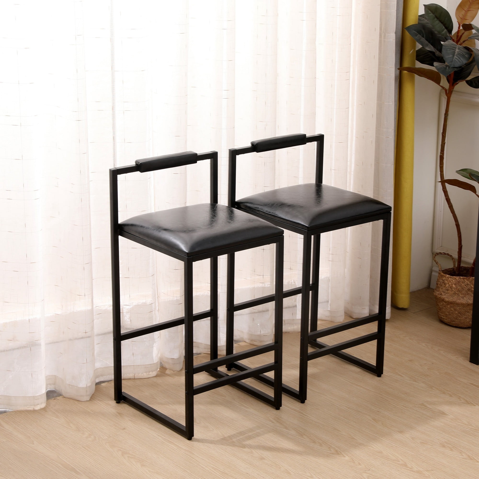 Bar Stools Set of 2,Counter Height Bar Stools with Back and Footrest,PU Upholstered,Rustic Black