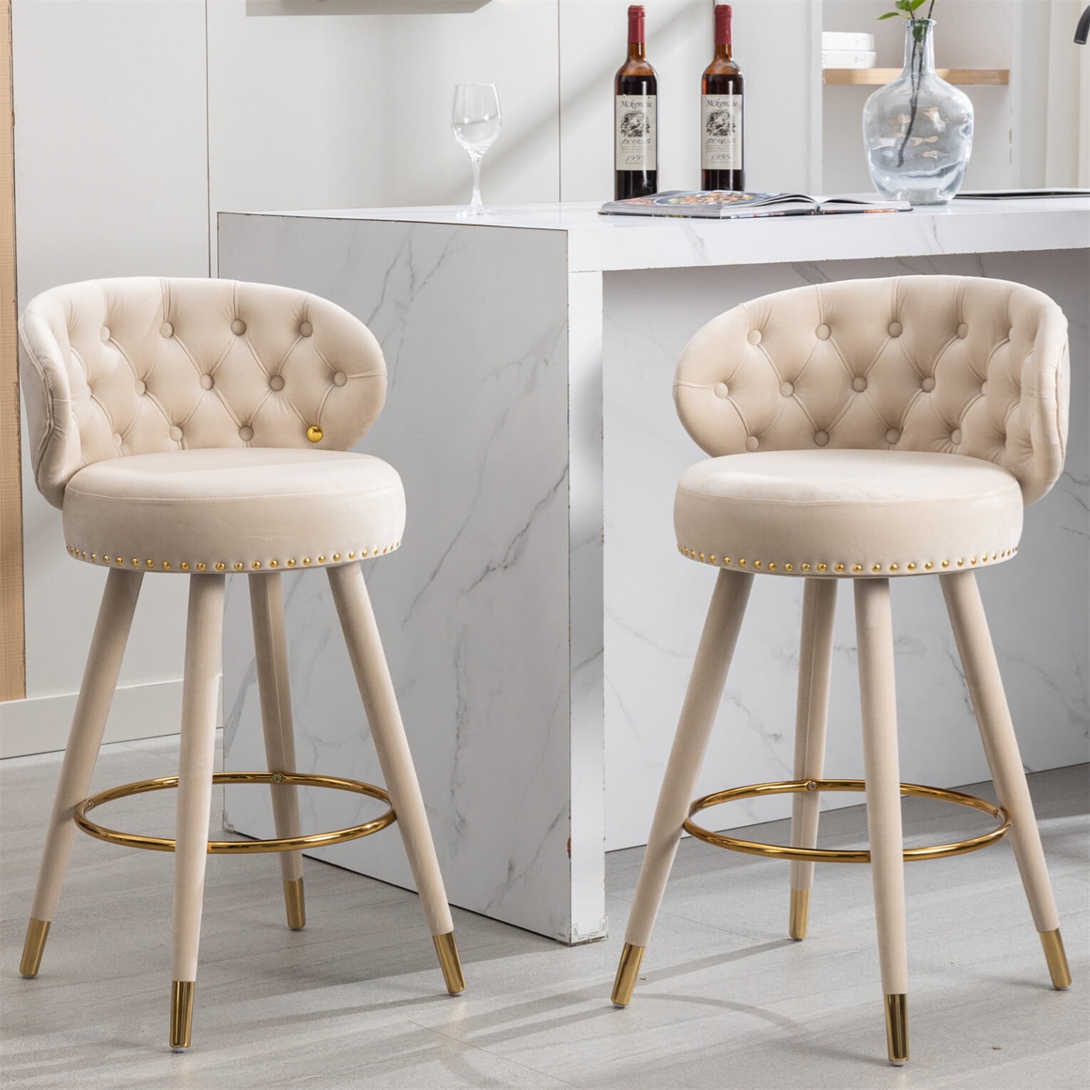 Bar Stools Set of 2, Counter Height Bar Stools with Solid Wood Legs