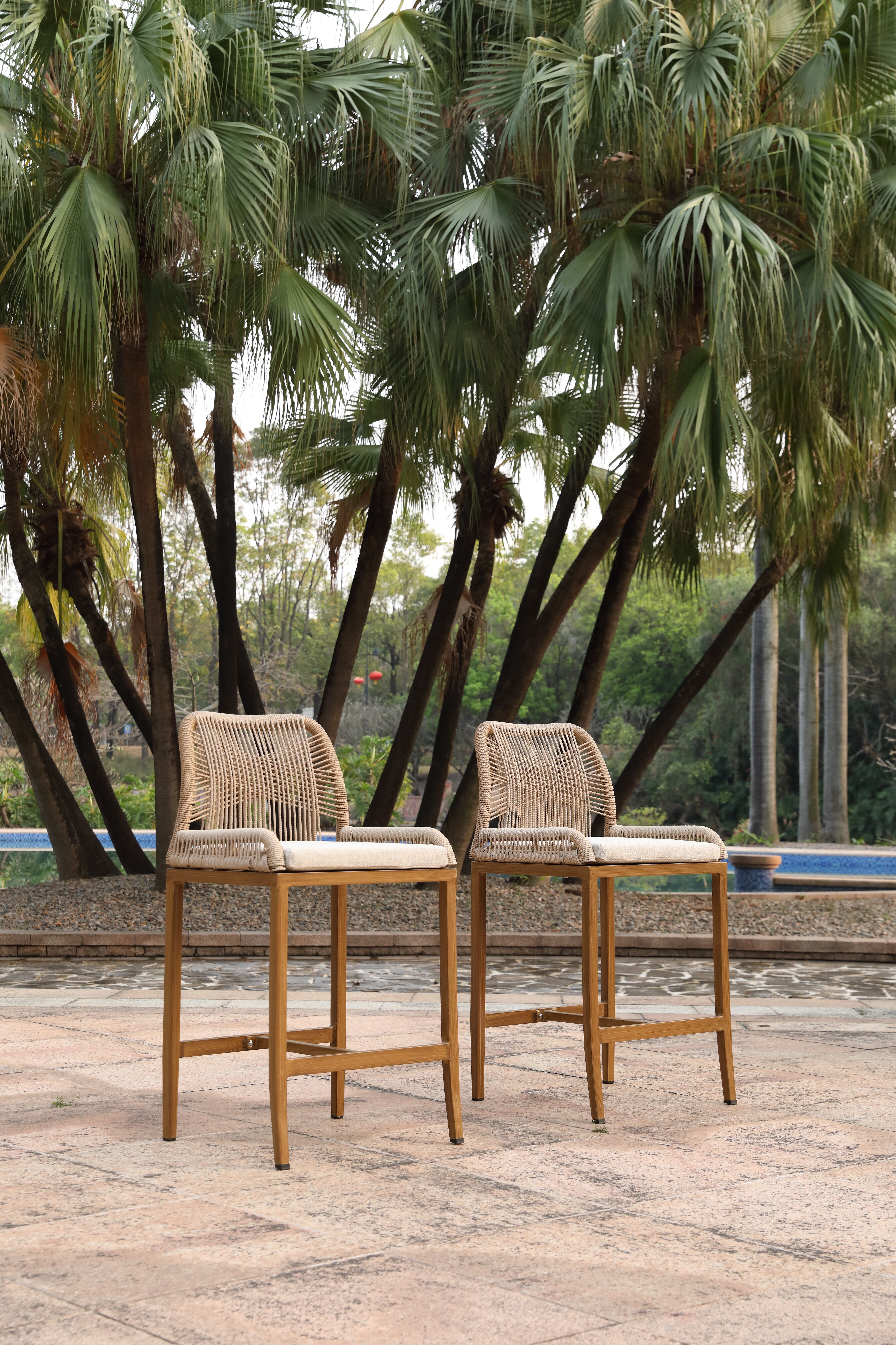 Bar Stools Set of 2 Counter Height Handwoven Rope Wicker Stools for Patio Kitchen Bar Balcony, Beige Yellow