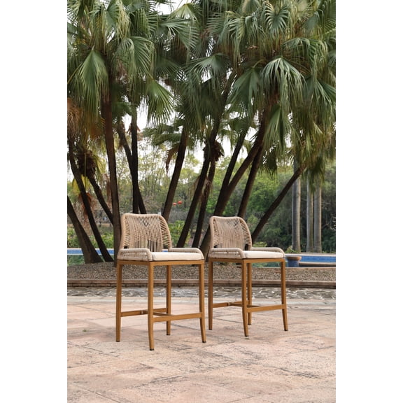 Bar Stools Set of 2 Counter Height Handwoven Rope Wicker Stools for Patio Kitchen Bar Balcony, Beige Yellow