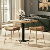 AFO Bar Stools (Set of 2) - Counter Height Saddle Seat with Thick PU Leather & Sturdy Metal Frame, Backless for Kitchen Island, Dining and Cafe, Brown