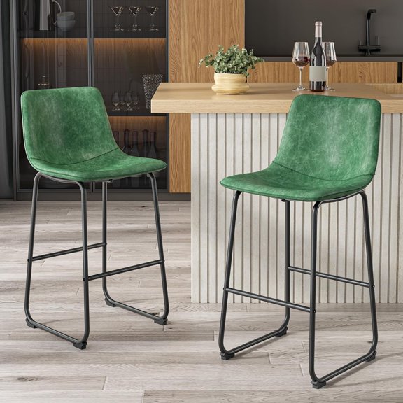 Bar Stools Set of 2, Faux Leather Counter Height Barstools, 26 inch Counter Stools with Back, Modern Bar Stools for Kitchen Island, Home Bar, Green