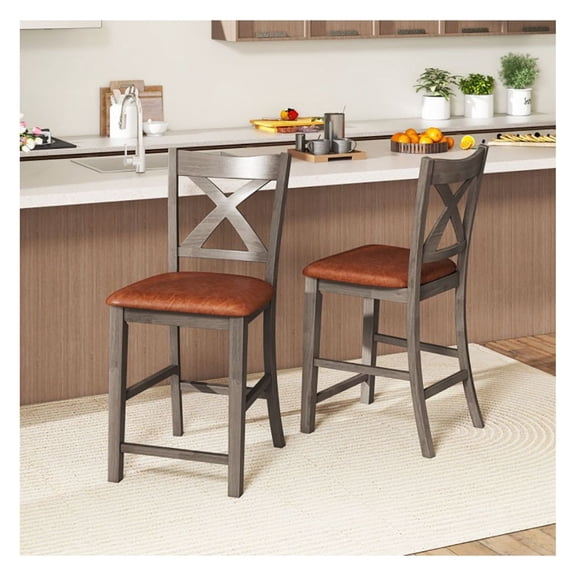 Bar Stools Set of 2, Gray Faux Leather, 39 Counter Height, Cross Back, Rubber Wood Frame, Kitchen Pub Stools for Home & Restaurant