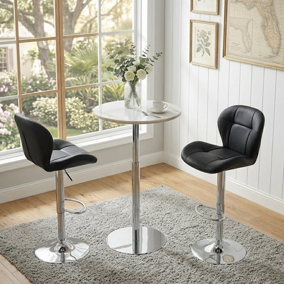 Bar Stools Set of 2, Height Adjustable PU Tufted Back Chairs with Chrome Metal Base & Footrest for Kitchen Island Counter Bar