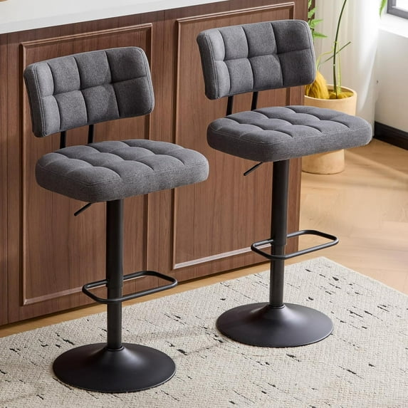 Bar Stools Set of 2,Height Adjustable Swivel Barstools,Armless Linen Fabric Counter Height Bar Stools with Footrest for Kitchen Home Bar,Dark Grey