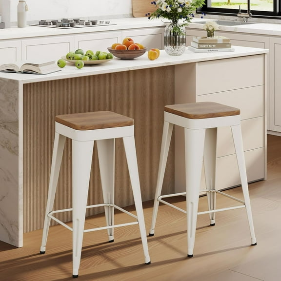 Bar Stools Set of 2 Metal Bar Stool Counter Height Bar Stools White, Modern 24" Bar Chairs Without Back,Wooden Seat Bar Stool Counter Height