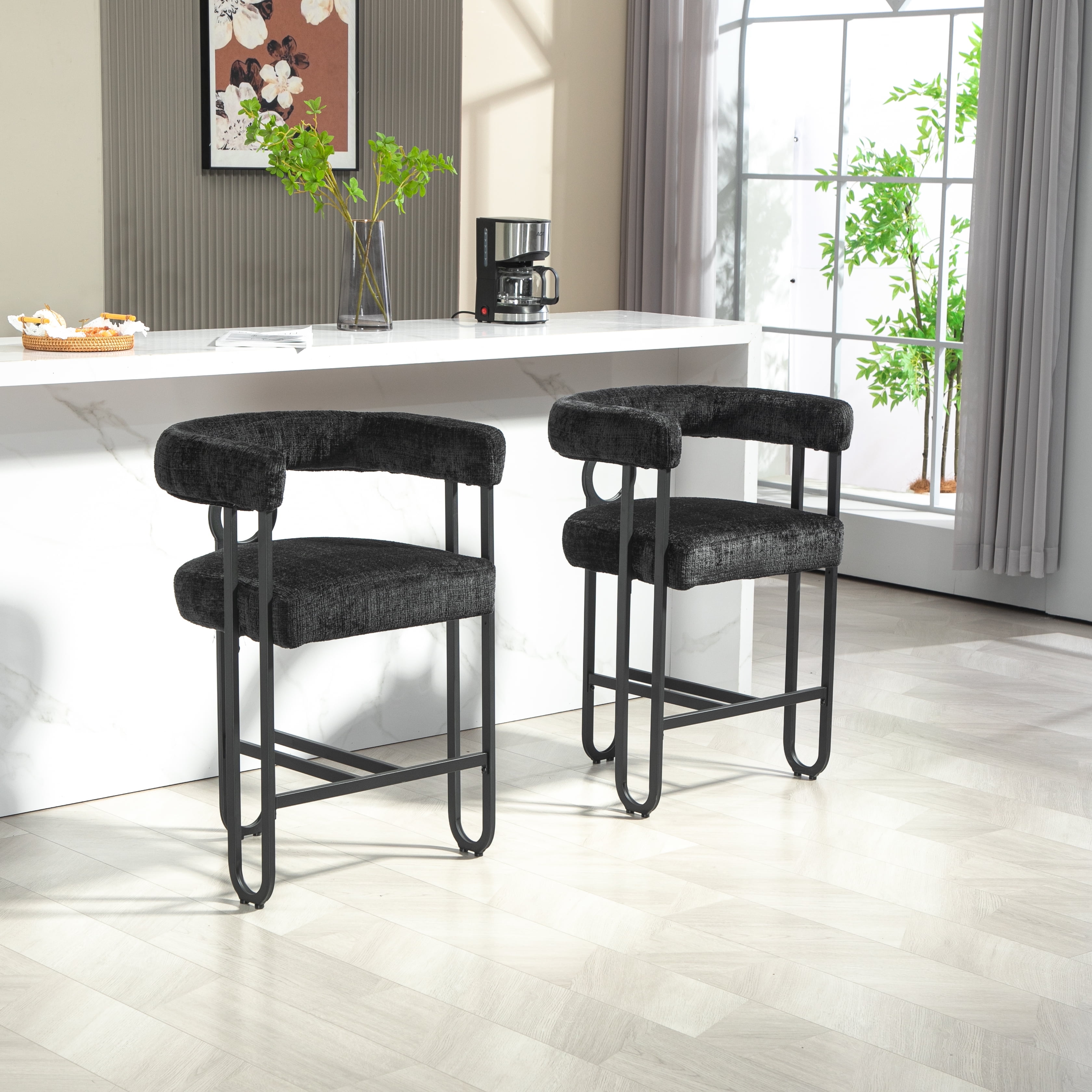 Modern Black Chenille Upholstered Bar Stools with Metal Frames, Set of 2