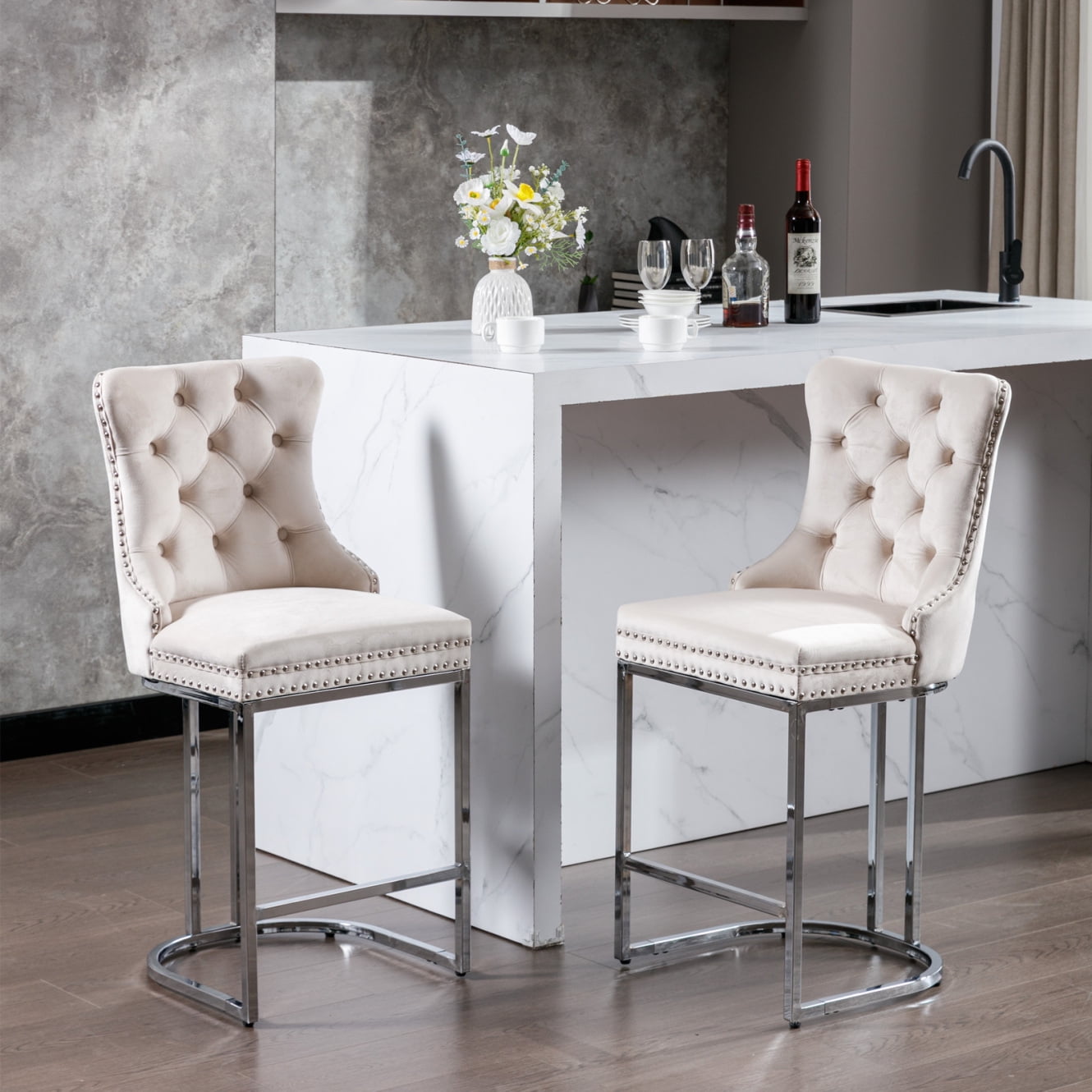 Bar Stools Set of 2, Modern Velvet Kitchen Island Chairs with Button ...