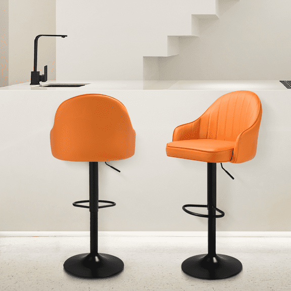 Bar Stools Set of 2, OSM Adjustable Height Swivel Counter Stool with Back, Arms & Footrest, PU Leather Kitchen Island Bar Chair, Orange