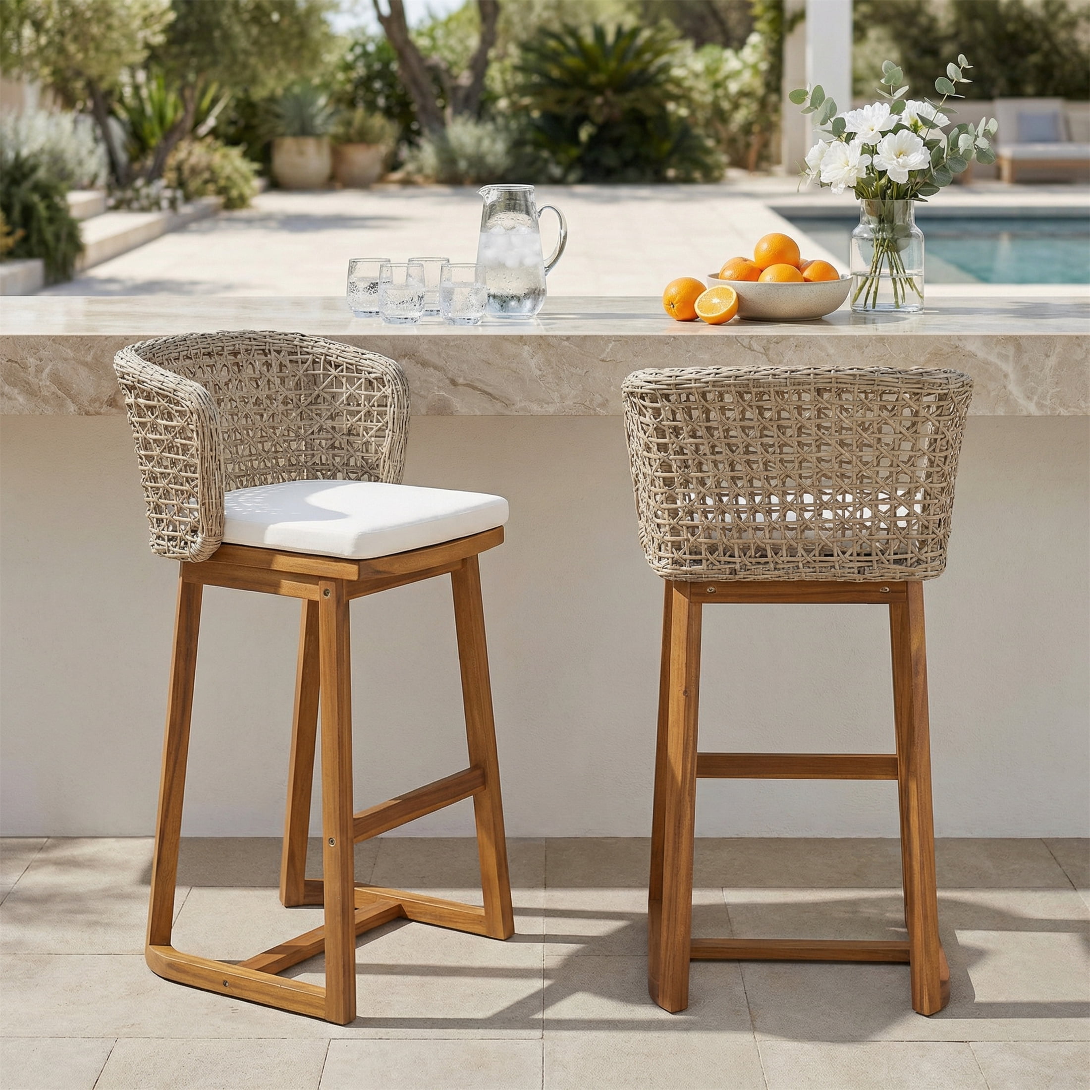 Bar Stools Set of 2, Outdoor Acacia Wood Teak Finish Bar Height Chairs with Beige Cushion, Teak