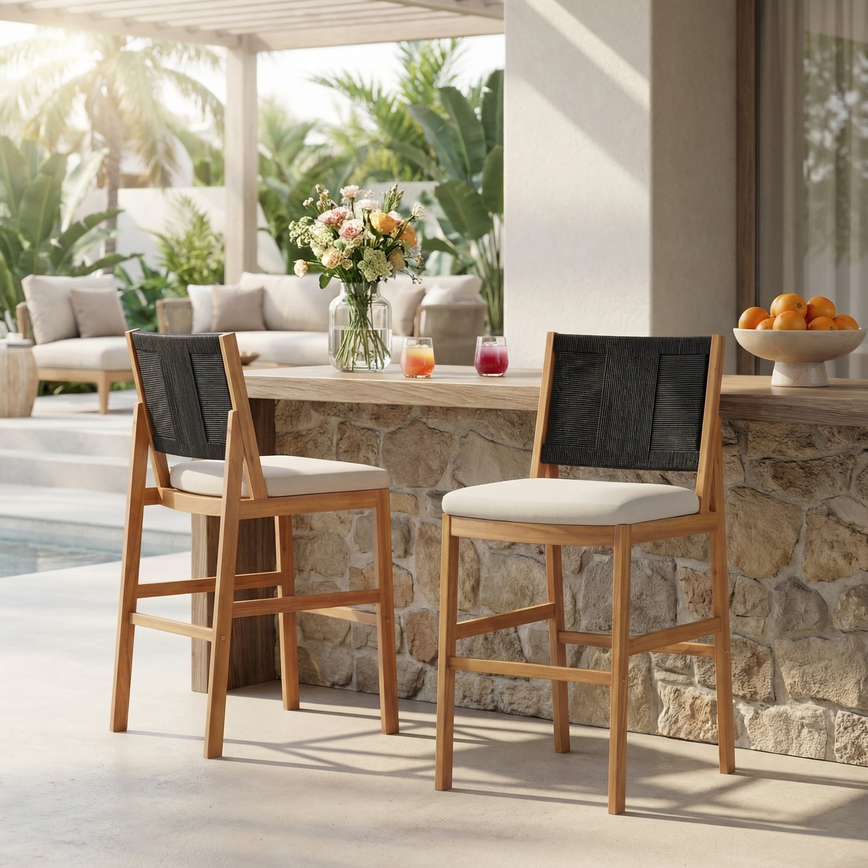 Bar Stools Set of 2, Outdoor Acacia Wood Teak Finish Bar Height Chairs with Cream Cushion, Teak