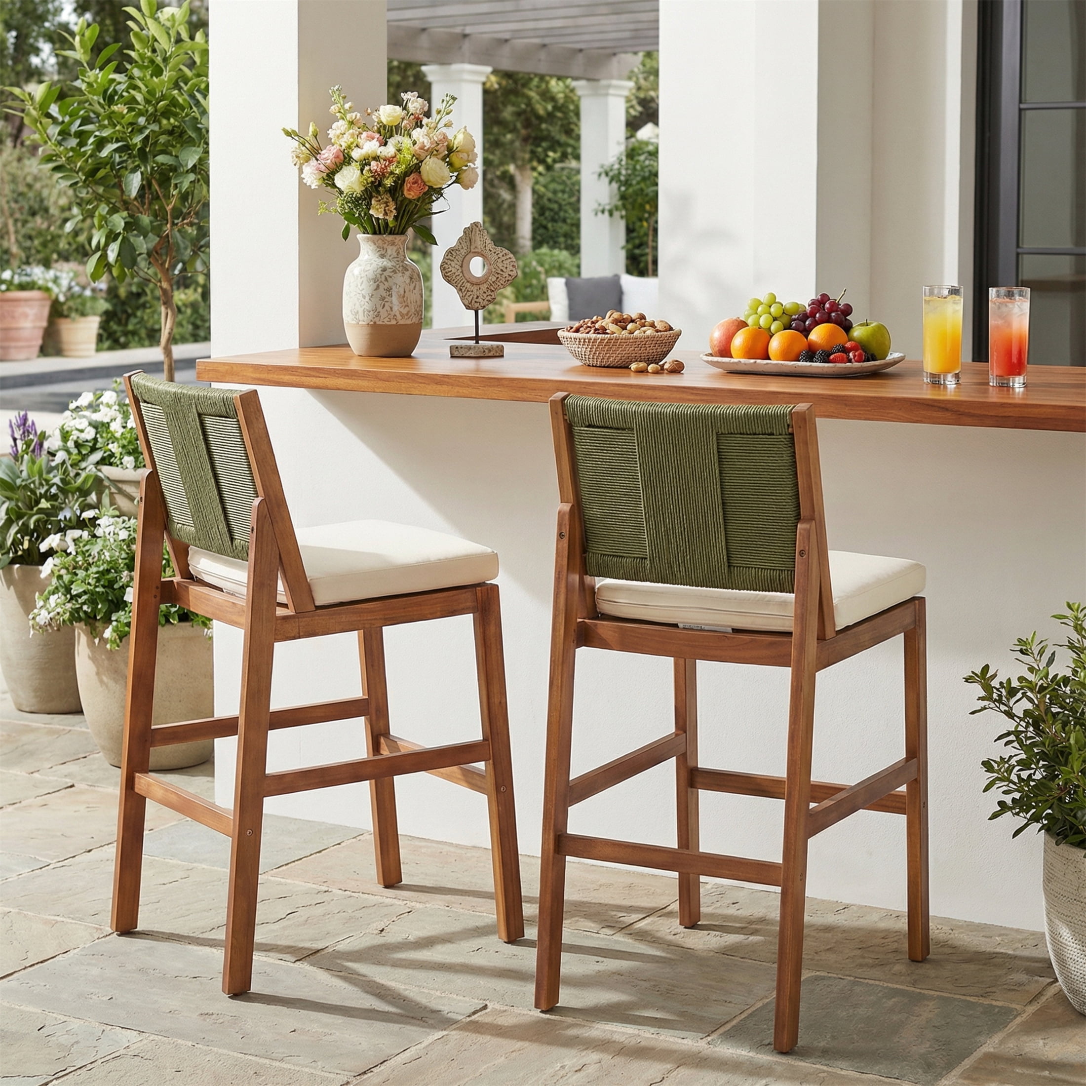 Bar Stools Set of 2, Outdoor Acacia Wood Teak Finish Bar Height Chairs with Cream Cushion, Teak
