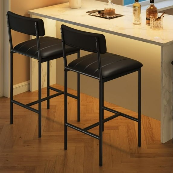Bar Stools Set of 2, PU Leather Counter Height Bar Chairs with Back and Footrest, Black