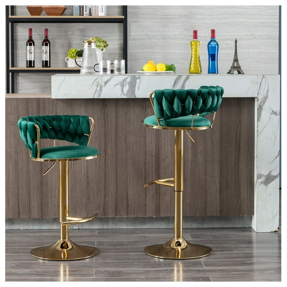 Bar Stools Set of 2, Swivel Adjustable Height Velvet Bar Chairs with Chrome Footrest & Golden Legs, Modern Kitchen Counter Stools - Green