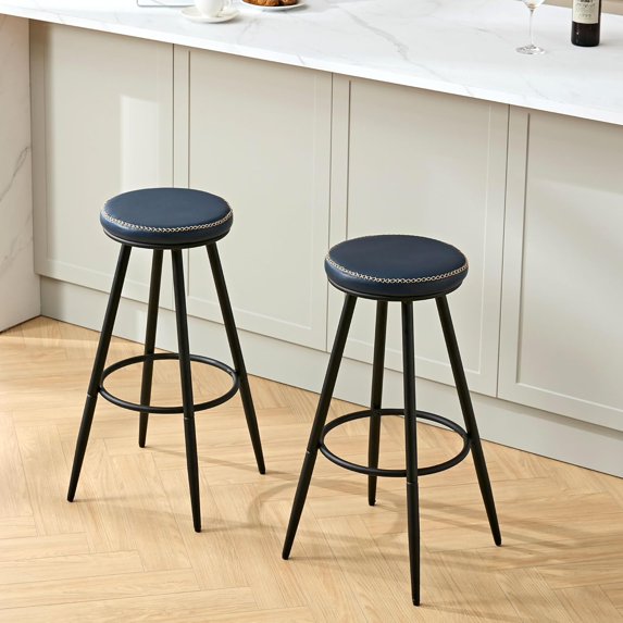 Bar Stools Set of 2, Swivel Backless 28" Counter Height Bar Stools for Kitchen Island, Faux Leather Counter Stools (Navy Blue, 2 PCS 28'' Height)