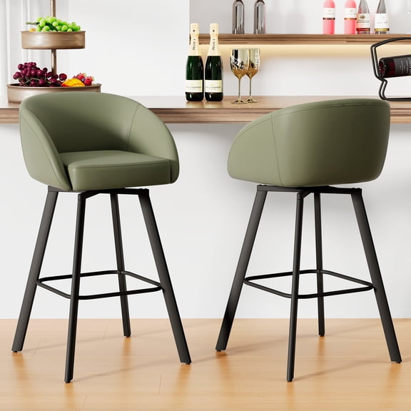 FIRAVOE Bar Stools Set of 2, Swivel Bar Height Bar Stools with Back & Arms (30") Modern Faux Leather Bar Chairs for Kitchen Island, Green
