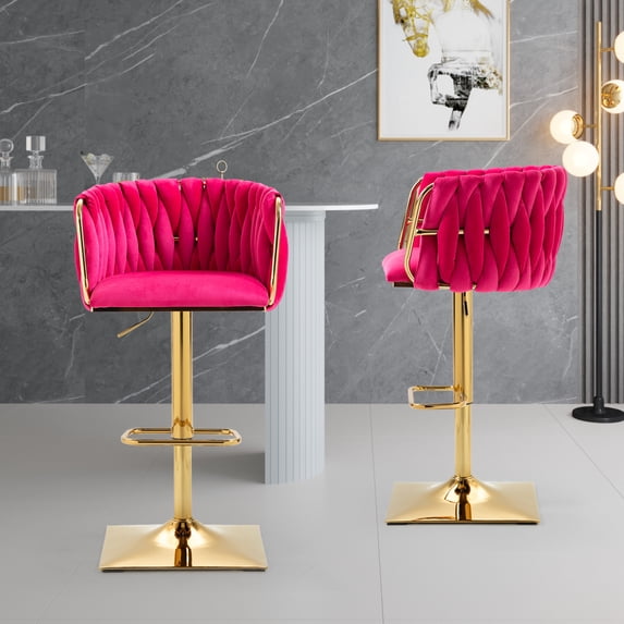 Bar Stools Set of 2, Swivel Barstools with Back and Widen Metal Base, Adjustable Height Island Chairs, Velvet Kitchen Stools, Rose Red