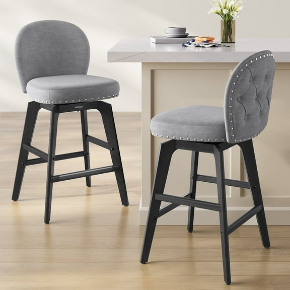 Bar Stools Set of 2, Swivel Counter Height Stools with Solid Wood Legs & Ergonomic Back, Upholstered Chenille Fabric, 26.2-Inch Tall, Slate Gray