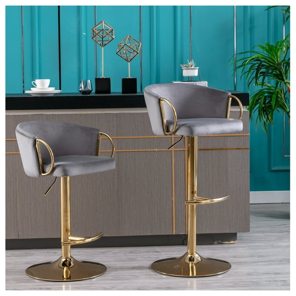 Bar Stools Set of 2, Swivel Height Adjustable Velvet Bar Chairs with Chrome Footrest & Golden Legs, Modern Simple Style Kitchen Counter Stools - Grey