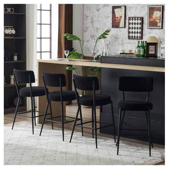 Bar Stools Set of 2, Teddy Fabric Upholstered - Metal Base High Stool for Kitchen Island, Dining, Living Room - Black - Modern Comfortable Seating